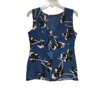 Tahari Blue & White Sleeveless Blouse with Ruffle and Tie Front Size Small